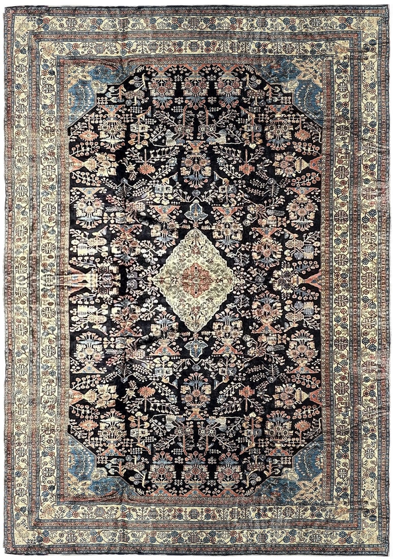 13x19 Hand Knotted Wool Area Rug Black Ivory Floral Circa 1920: 13x19 Hand Knotted Wool Area Rug Black Ivory Floral Circa 1920 Antique Oushak rug from circa 1920, featuring a finely woven allover floral garden design with a black field and ivory border accents. Th