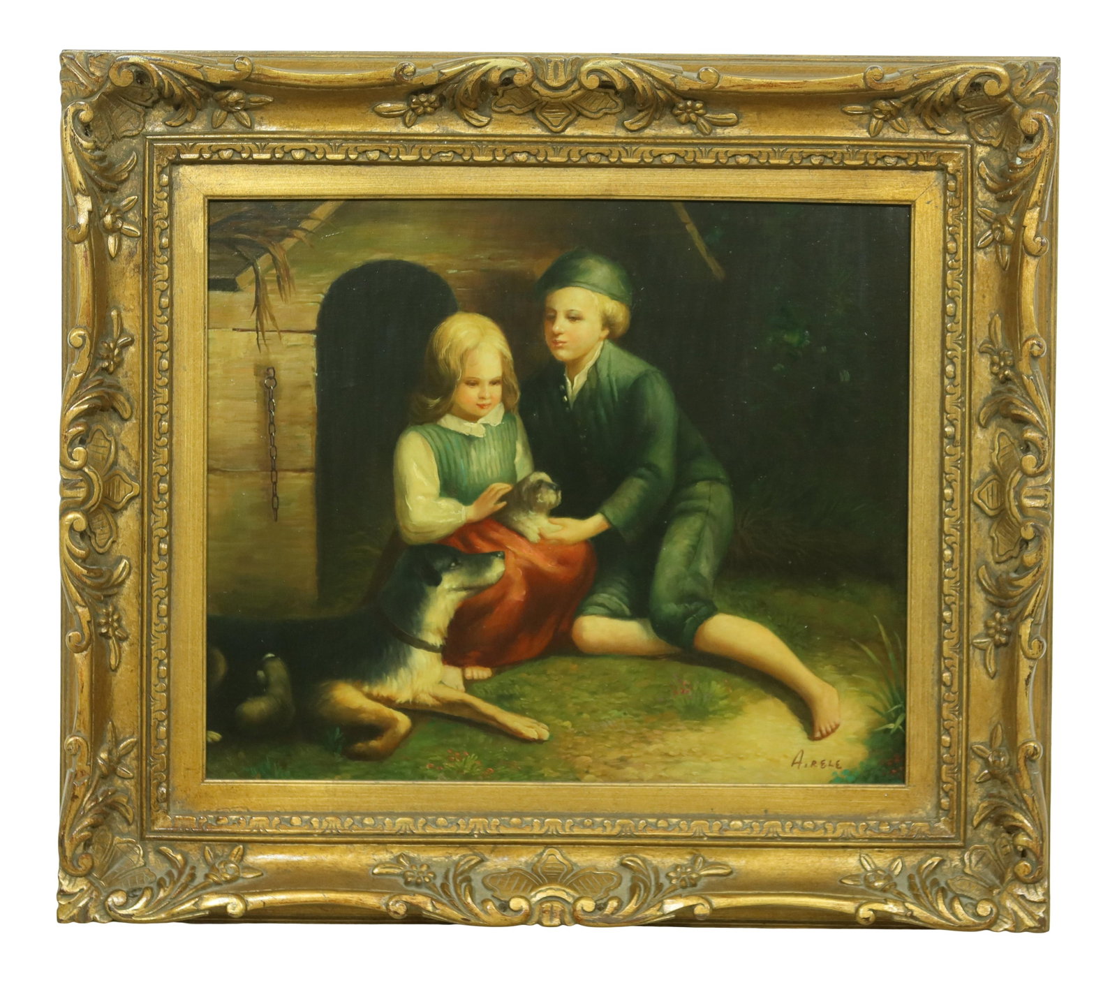 Airele Signed Framed Oil Painting Children with Dogs 32 x 29 Gold Frame: Airele Signed Framed Oil Painting Children with Dogs 32 x 29 Gold Frame This exquisite framed oil painting on canvas depicts a nostalgic scene of children with dogs, showcasing nice detail and quality