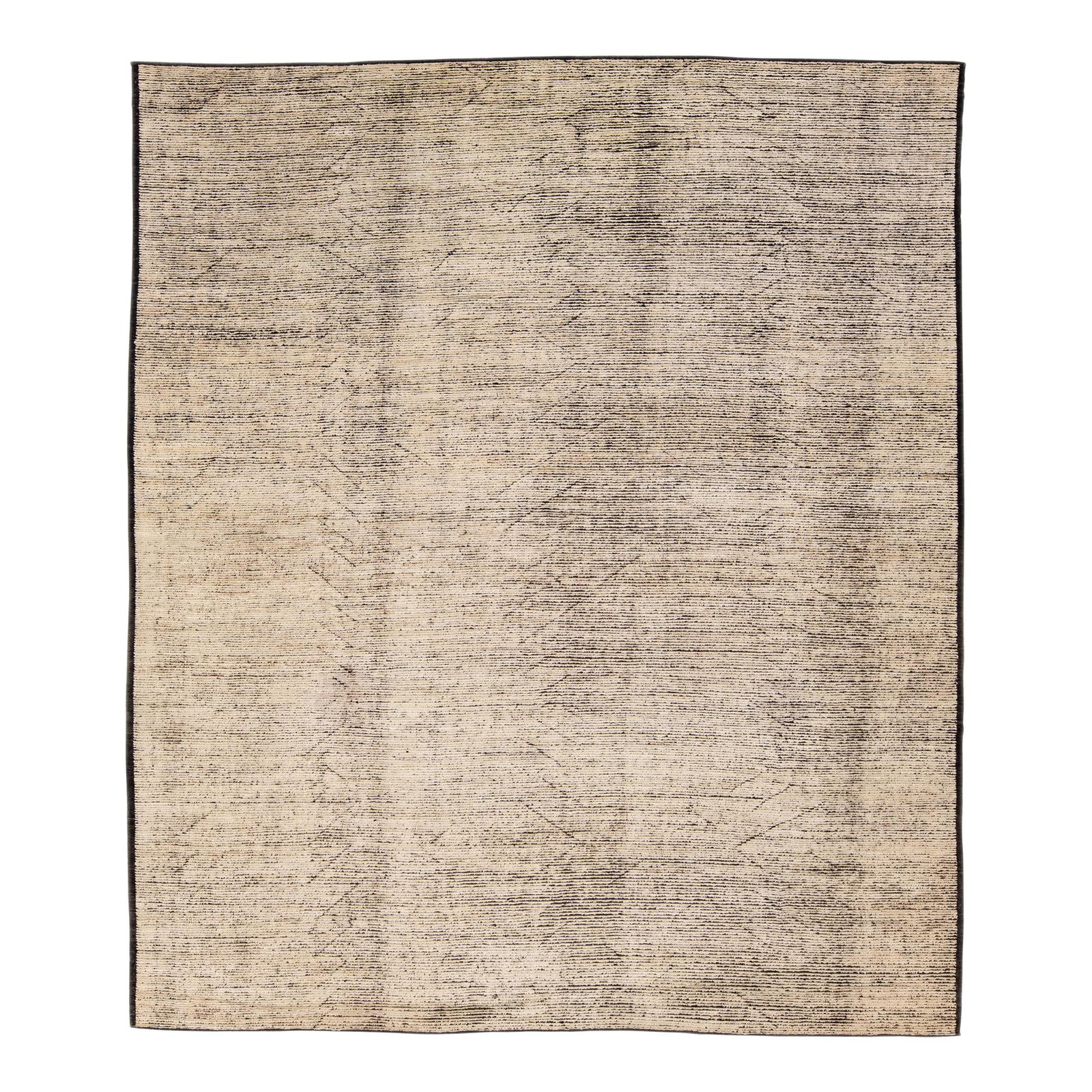 Handmade Moroccan Wool Rug 12'8 x 15' Tribal Design Brown Accents: Handmade Moroccan Wool Rug 12'8 x 15' Tribal Design Brown Accents Enhance your living space with this stunning Modern Moroccan Style Handmade Wool Rug. Featuring a captivating beige field adorned with