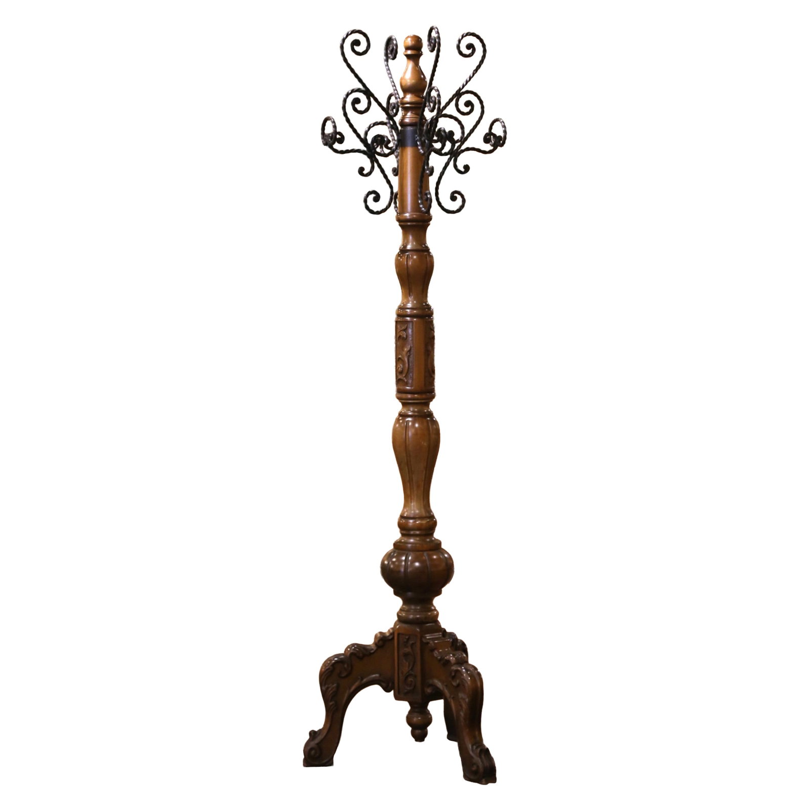 French Louis XV walnut hall tree with wrought iron hooks 76 in (1 of 9)