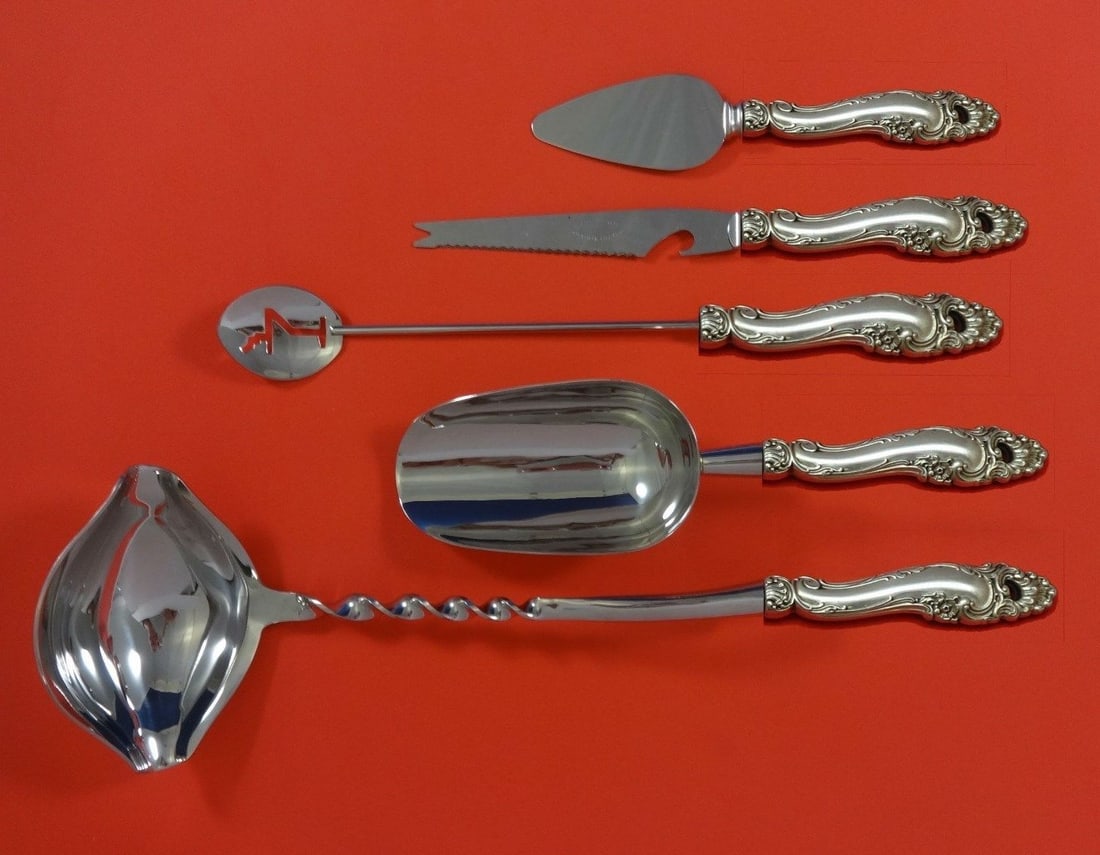 Gorham Decor Sterling Silver 5pc Custom Cocktail Party Set: Gorham Decor Sterling Silver 5pc Custom Cocktail Party Set Enhance your cocktail gatherings with this exquisite 5-piece custom-made hostess set by Gorham. Crafted from sterling silver with a hollow ha