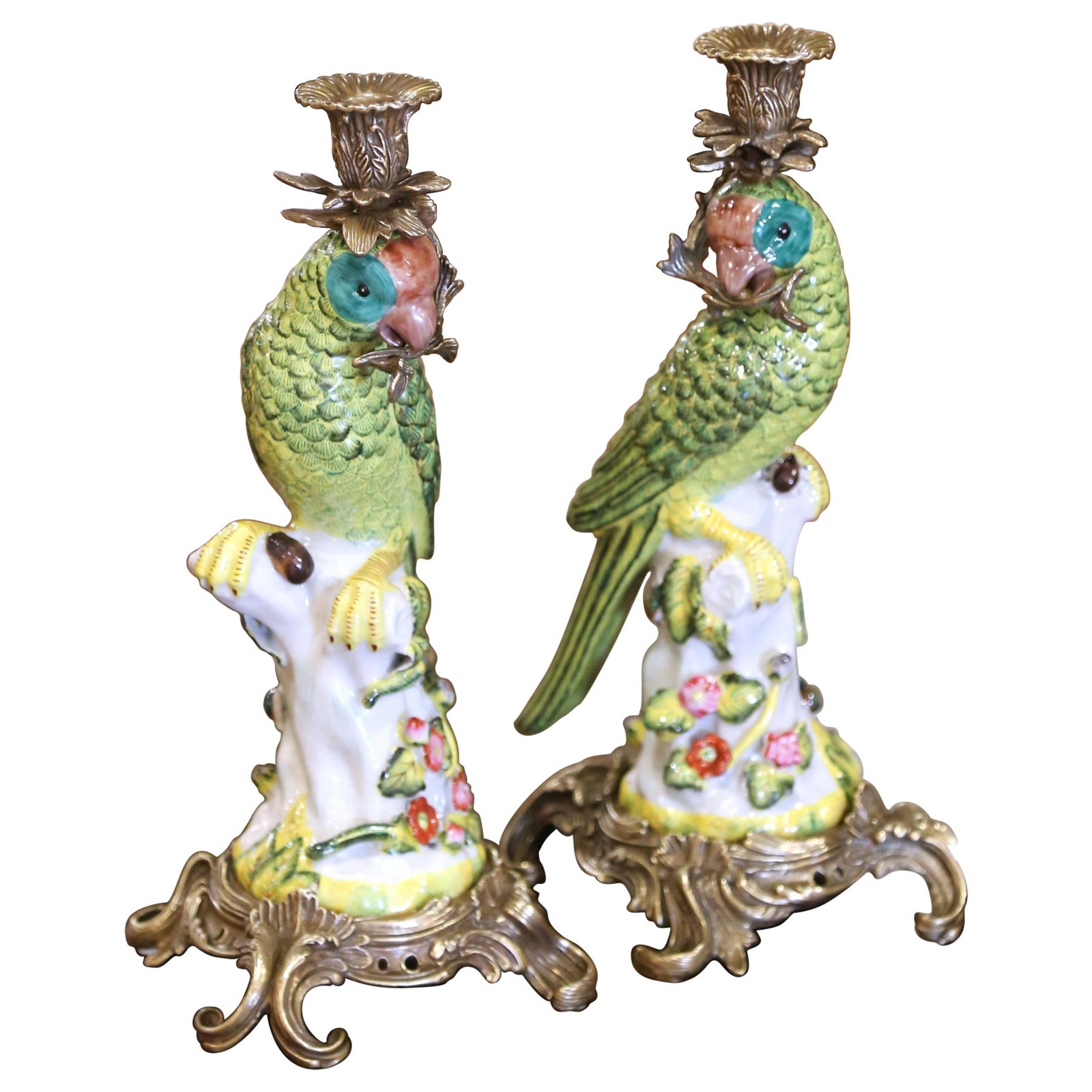 Pair of Chinese Porcelain Parrot Candlesticks with Gilt Bronze Louis XV Bases: Pair of Chinese Porcelain Parrot Candlesticks with Gilt Bronze Louis XV Bases This pair of mid-century Chinese export porcelain parrot candlesticks showcases hand-crafted and hand-painted details, dat