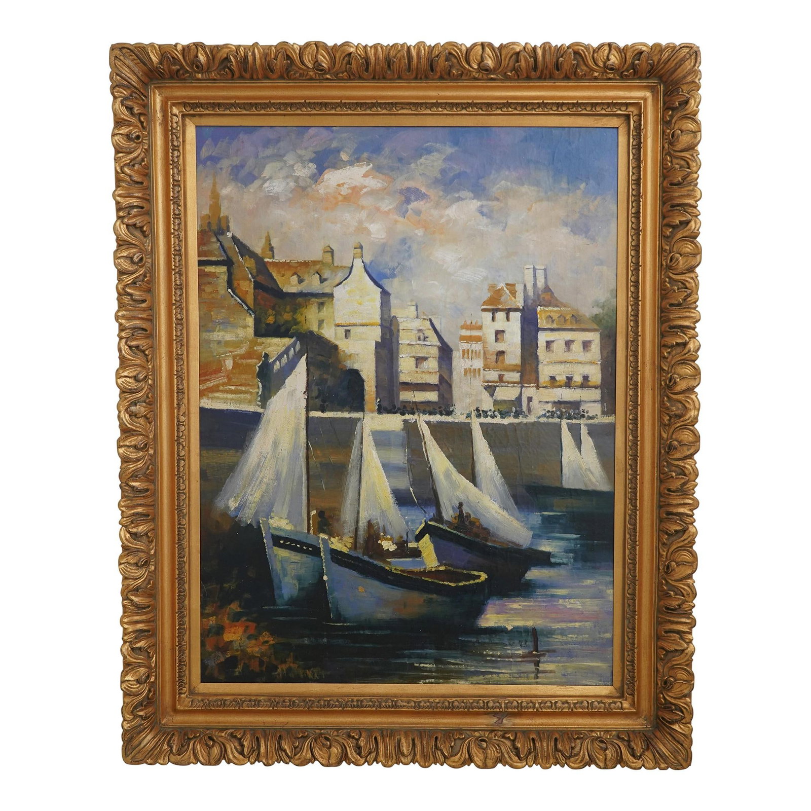 Stunning Large Gold Framed Mediterranean Oil Painting 41x51: Stunning Large Gold Framed Mediterranean Oil Painting 41x51 This stunning large oil painting on board features a captivating Mediterranean scene, hand-painted with exquisite detail. The painting is fr