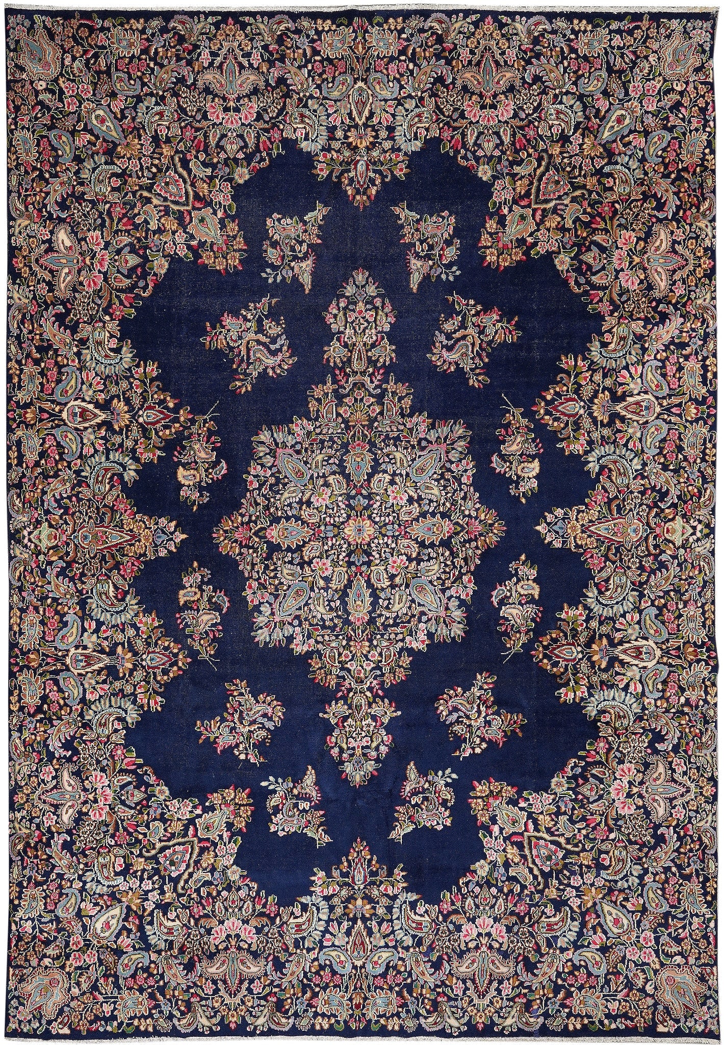 9.8 x 13.5 Persian Kerman Rug Blue Open Field Iran: 9.8 x 13.5 Persian Kerman Rug Blue Open Field Iran Free continental US Shipping This is a handmade Persian Kerman rug in blue with an open field design, dated to the 1960s and originating from Iran. I