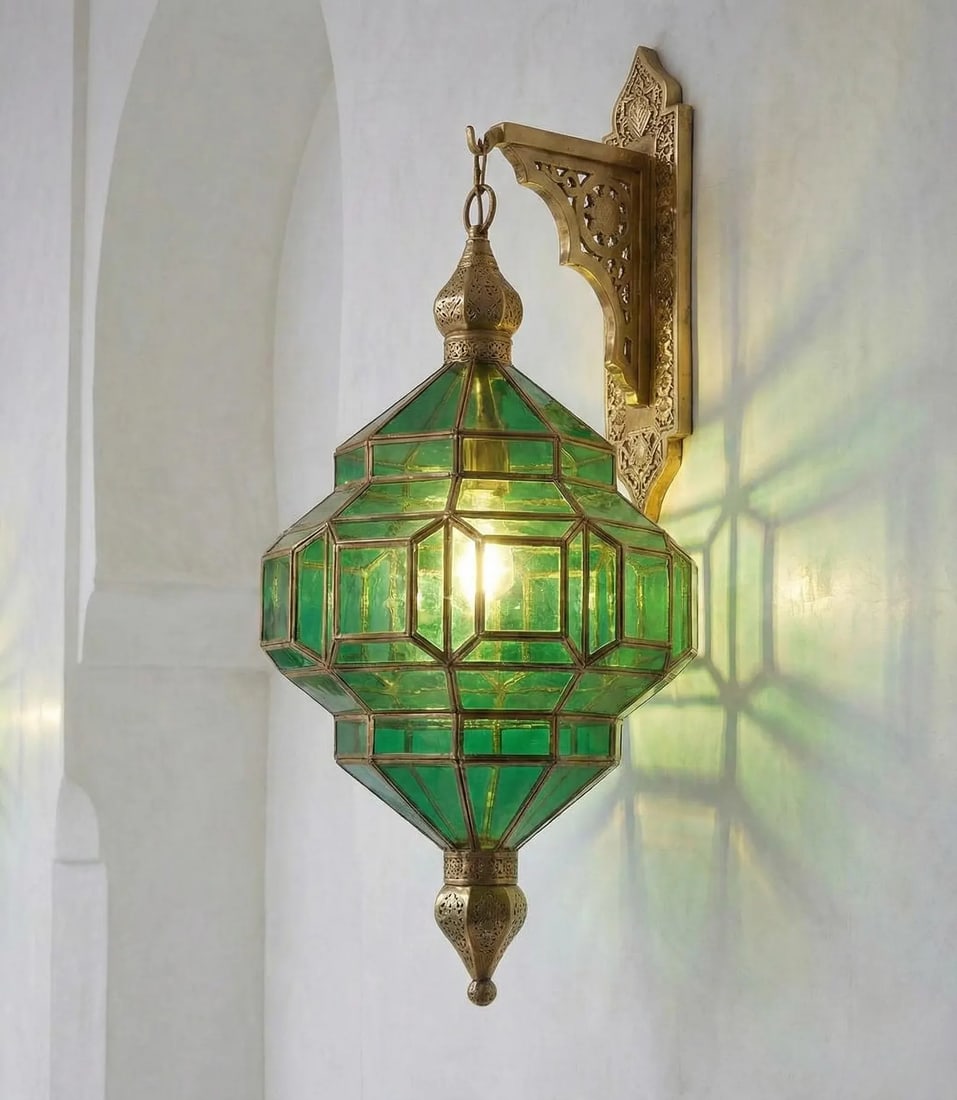 Moroccan Brass Lantern with Green Glass Panels (1 of 12)