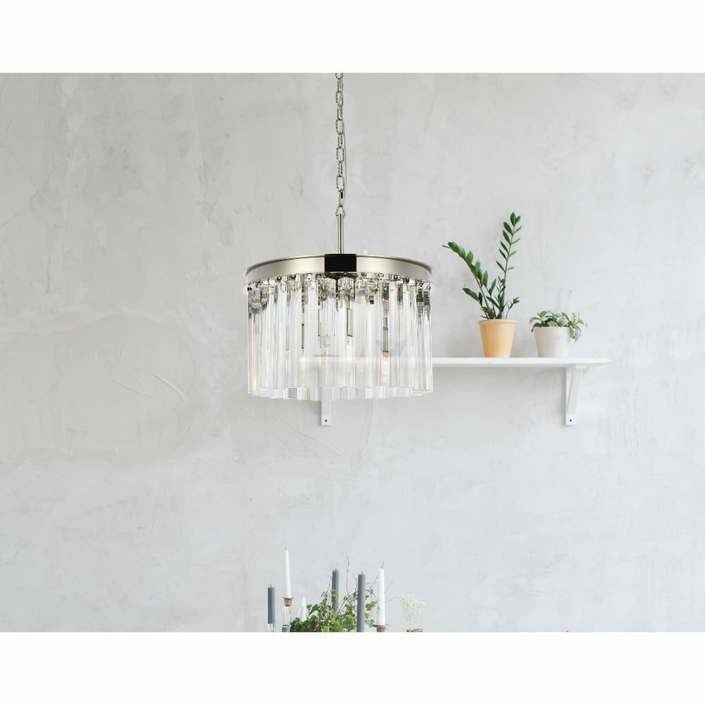 Sydney 16 in Crystal Pendant Chandelier Polished Nickel 3 Light: Sydney 16 in Crystal Pendant Chandelier Polished Nickel 3 Light Polished nickel ceiling crystal chandelier pendant with a modern style and clear royal cut crystals. It features a 3-light design, hardw