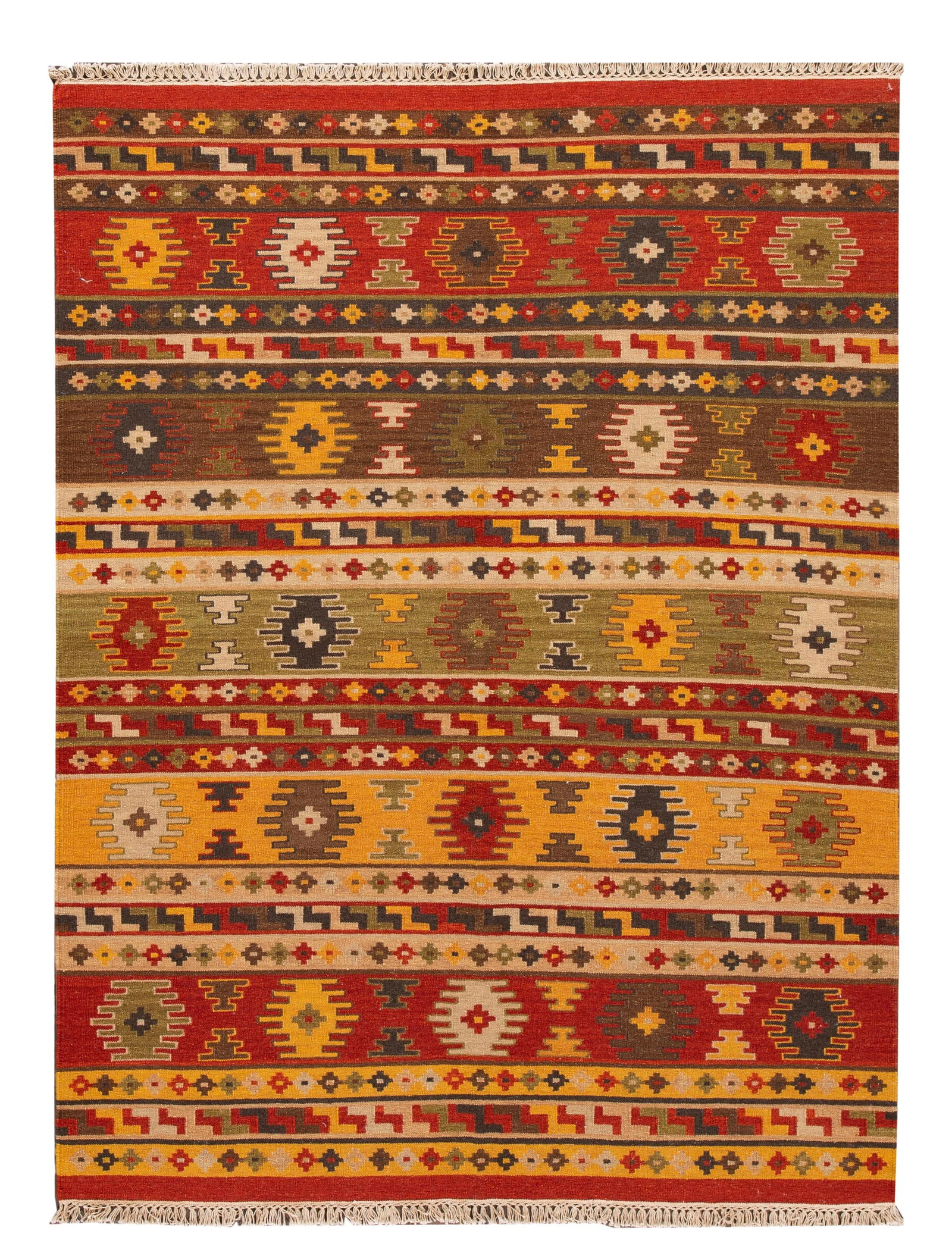 Hand-Woven Tan Wool Kilim Rug 5'8" x 7'8" Geometric Design: Hand-Woven Tan Wool Kilim Rug 5'8" x 7'8" Geometric Design Elevate your space with this exquisite hand-woven contemporary Kilim rug. Featuring a warm tan field with vibrant multi-color accents, it sho
