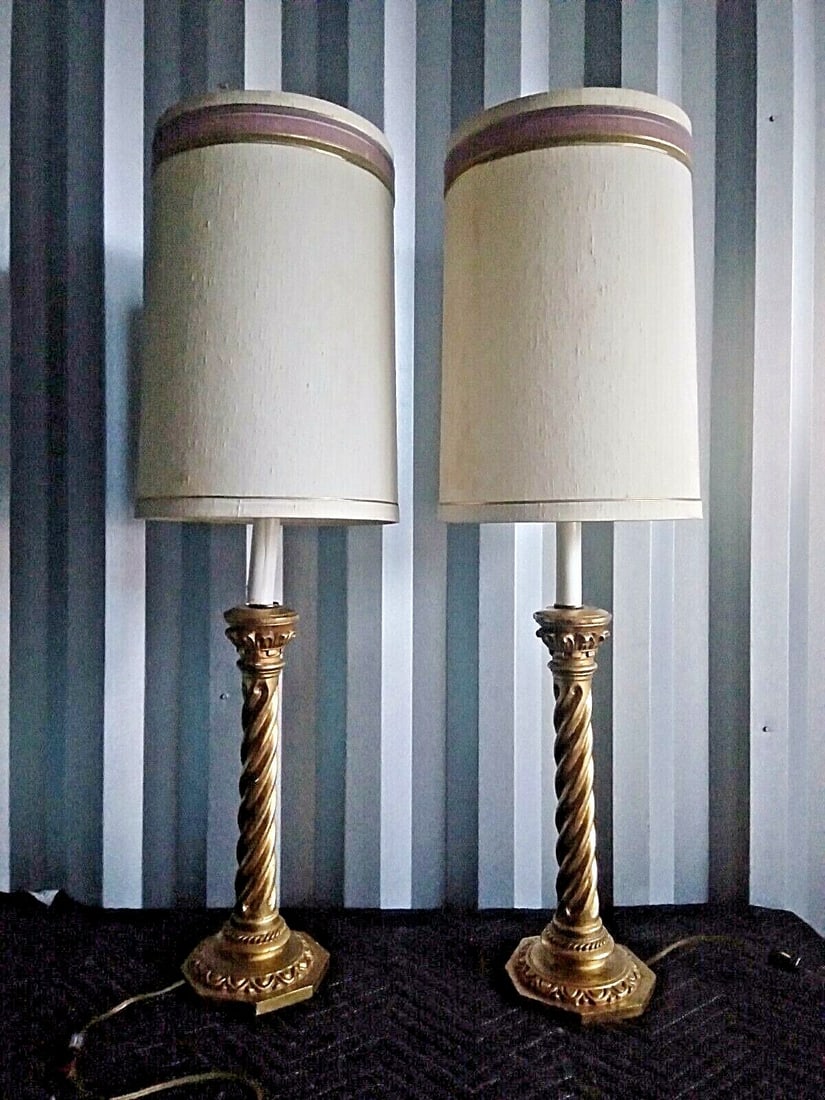 38 Inch Italian Corinthian Column Lamps Carved Gilt Wood Pair (1 of 11)