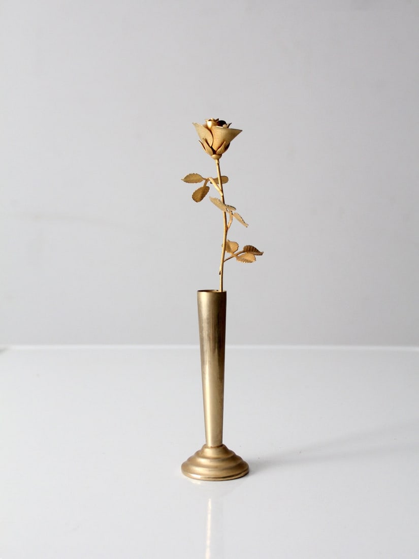 Vintage Brass Sculptural Rose in Tapered Bud Vase 10.75 Inch Hollywood Regency (1 of 12)