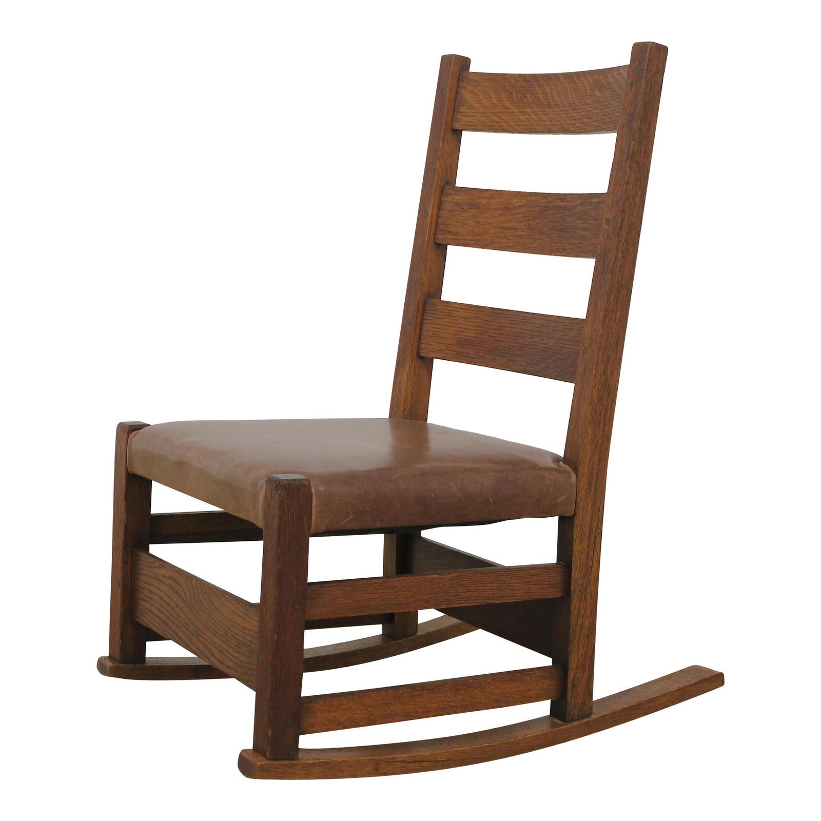 Gustav Stickley Mission Oak Rocking Chair Brown Leather C.1900-1910 (1 of 10)