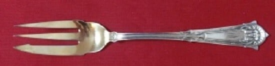 Whiting Egyptian Sterling Silver 6 Inch Gold Washed Pastry Fork: Whiting Egyptian Sterling Silver 6 Inch Gold Washed Pastry Fork Discover the elegance of this Egyptian pattern pastry fork by Whiting. Crafted from sterling silver, this 6-inch fork features a 3-tine 