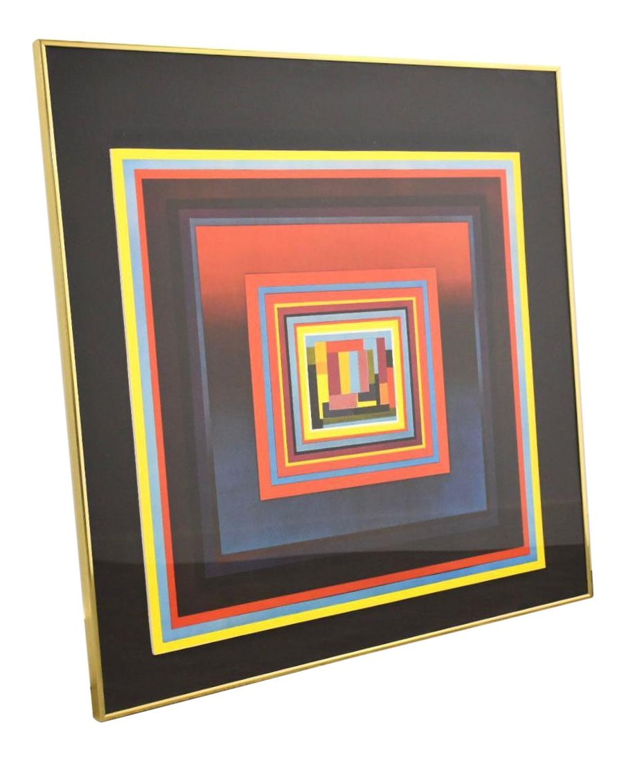 Vibrant Abstract Geometric Artwork in Gold Frame 30.25" x 30.25": Vibrant Abstract Geometric Artwork in Gold Frame 30.25" x 30.25" This vibrant abstract geometric print features a dazzling array of colorful shapes elegantly encased in a striking gold frame. With its