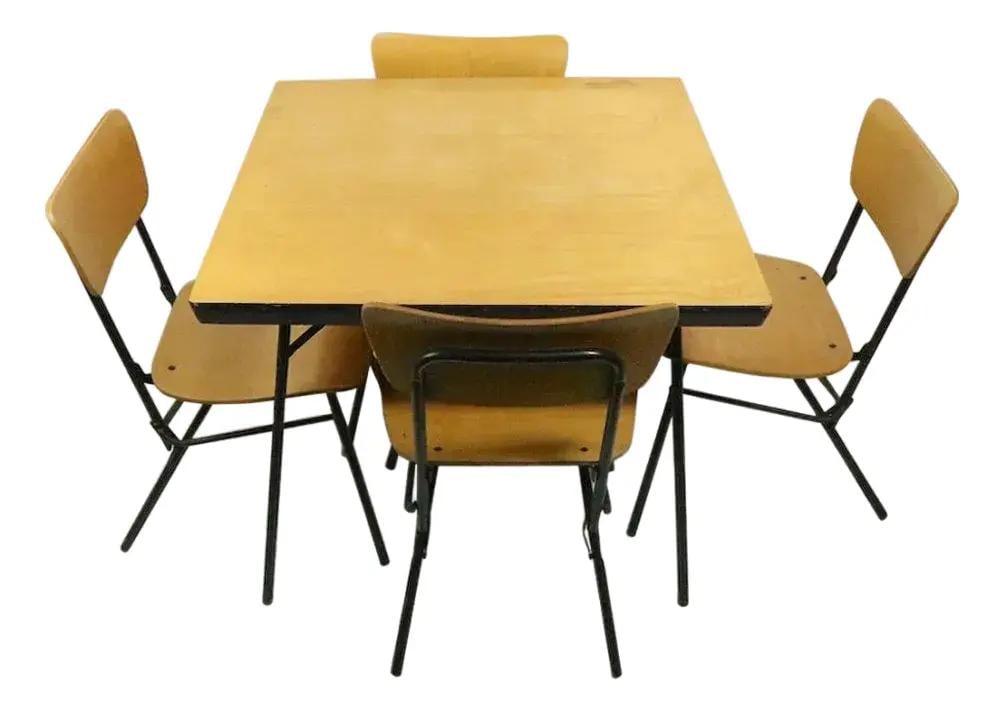 Four Folding Chairs and Game Table Set by Cavalier Mid Century Modern: Four Folding Chairs and Game Table Set by Cavalier Mid Century Modern This mid-century dinette set by Cavalier features a chic architectural design, including a game table and four matching chairs. Co