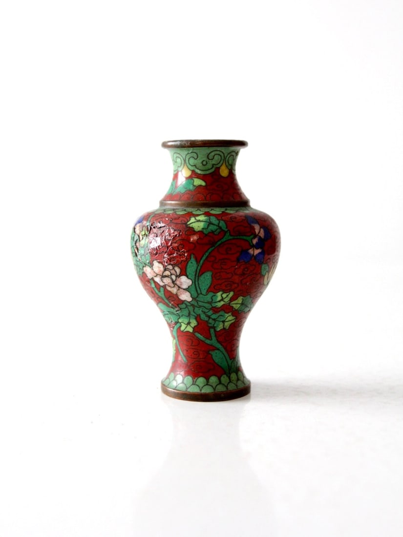 Chinese Cloisonne Floral Baluster Vase 4.25 in Deep Red (1 of 7)