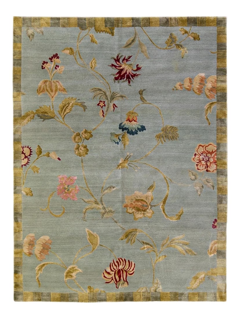 Handmade Tibetan Gray Wool Silk Rug Lyndhurst Floral Design 6'1" x 8'1": Handmade Tibetan Gray Wool Silk Rug Lyndhurst Floral Design 6'1" x 8'1" Enhance your space with this stunning modern Tibetan hand-knotted rug, crafted from a blend of high-quality wool and silk. Featu