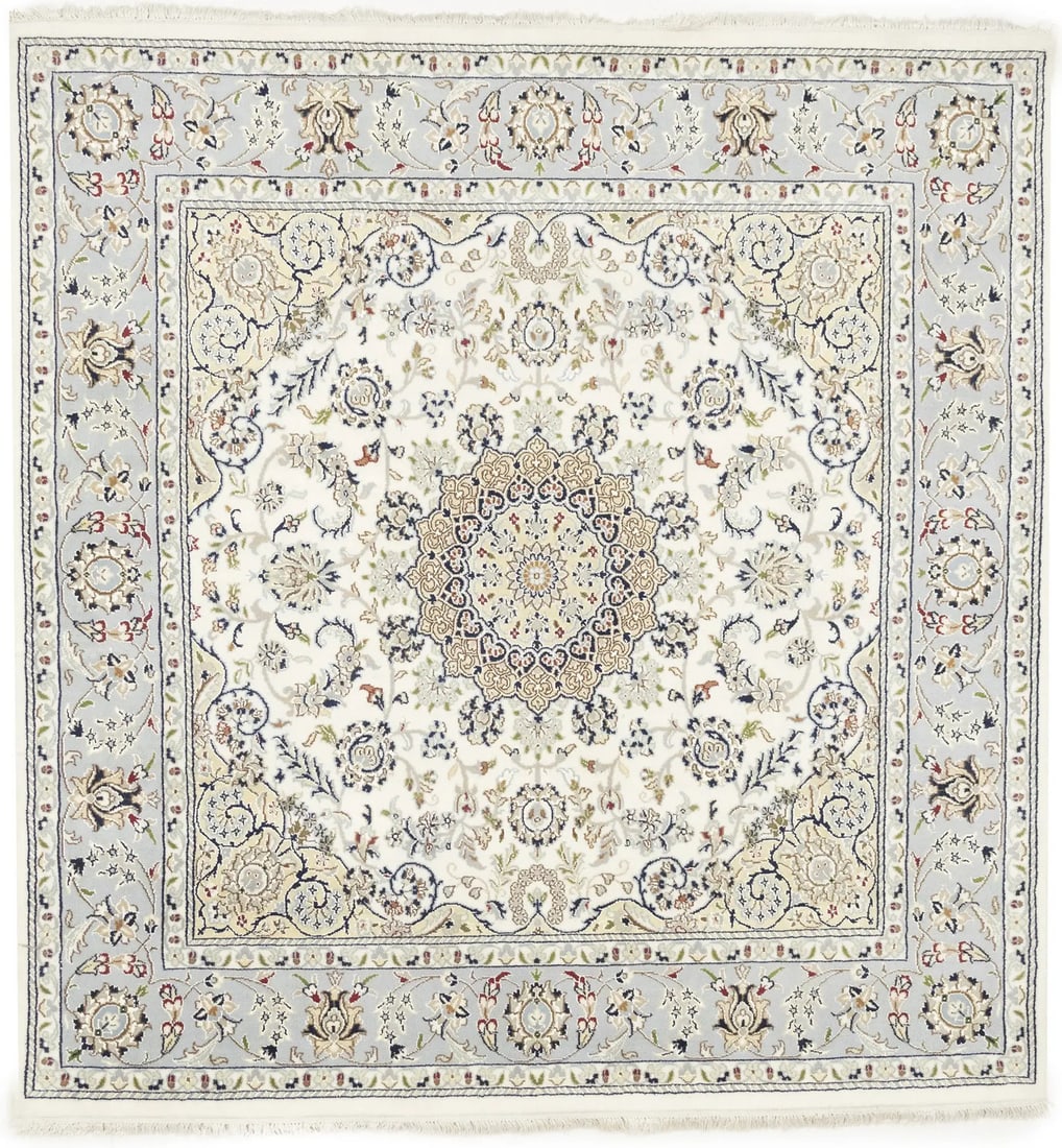 Floral Hand-Knotted Wool & Silk Area Rug 6'1 x 5'11 Eco-Friendly: Floral Hand-Knotted Wool & Silk Area Rug 6'1 x 5'11 Eco-Friendly Enhance your space with this exquisite Floral Indo-Nain Wool Oriental Rug, expertly hand-knotted for a unique touch. Measuring approxim