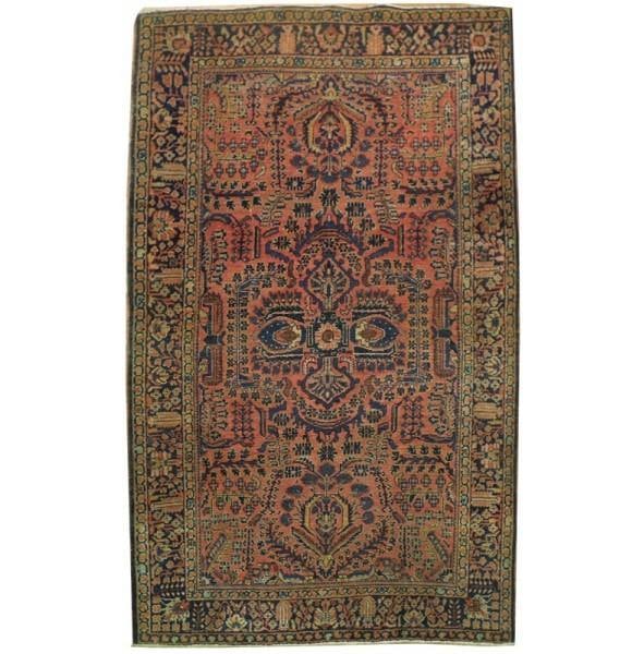 Antique Persian Sarouk Mohajeran Rug 4.5 x 7 Salmon 1930s: Antique Persian Sarouk Mohajeran Rug 4.5 x 7 Salmon 1930s Free continental US Shipping Discover the charm of this exquisite 4.5 x 7 Antique Persian Sarouk Mohajeran Rug, featuring a stunning salmon co