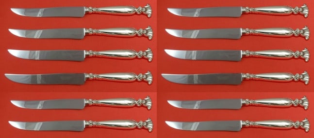 Wallace Romance of the Sea Sterling Silver Steak Knife Set 12 pcs 8.5": Wallace Romance of the Sea Sterling Silver Steak Knife Set 12 pcs 8.5" Introducing the exquisite Romance of the Sea steak knife set by Wallace. This custom-made collection features 12 pieces, each mea