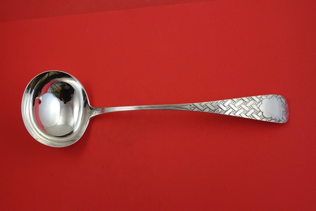 William Gale Sterling Silver 13 Inch Soup Ladle Brite-Cut Design: William Gale Sterling Silver 13 Inch Soup Ladle Brite-Cut Design This exquisite soup ladle by William Gale showcases a beautiful brite-cut design with shield and basket weave patterns. Crafted from hi