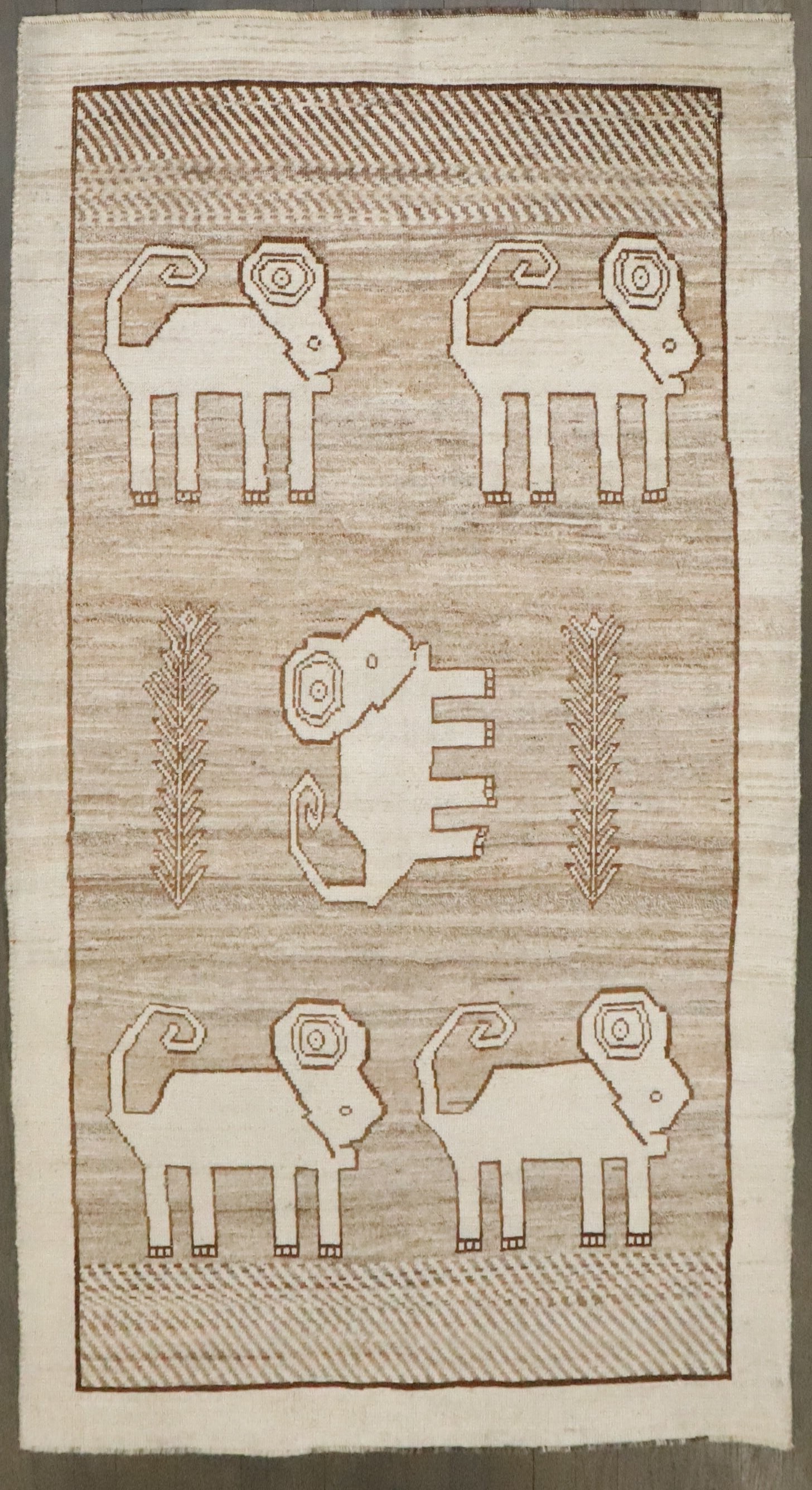 3' 5" x 5' 10" Contemporary Persian Gabbeh Pictorial Rug: 3' 5" x 5' 10" Contemporary Persian Gabbeh Pictorial Rug One-of-a-kind contemporary Persian Gabbeh pictorial rug featuring five sheep rams on a neutral field. This pre-owned small rug is a reproductio