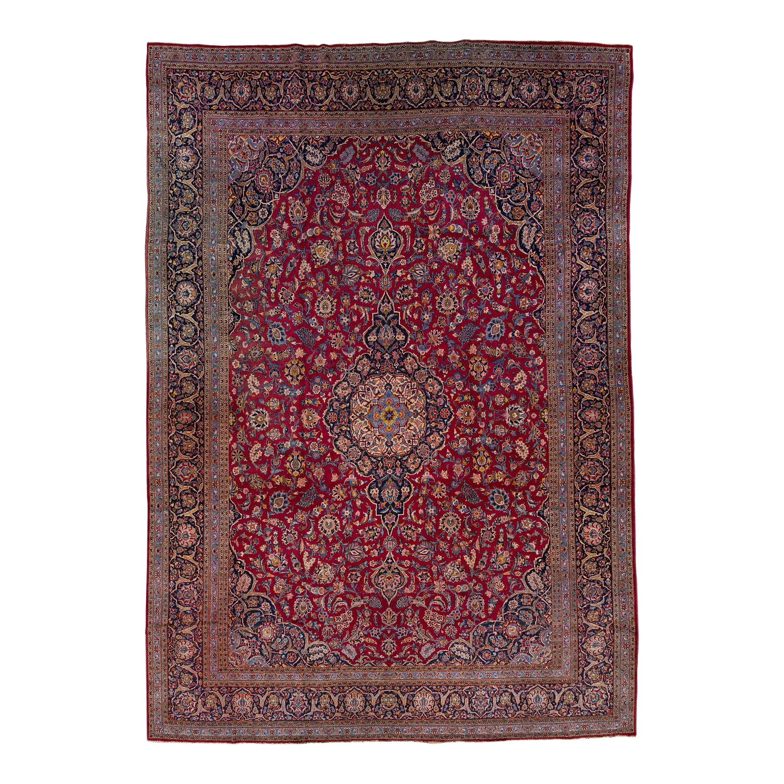 1920s Oversized Antique Persian Kashan Red Wool Rug 11'10 x 17'4 Medallion Design: 1920s Oversized Antique Persian Kashan Red Wool Rug 11'10 x 17'4 Medallion Design This stunning antique Persian Kashan rug showcases an exquisite design with a vibrant red color field and a distinguis
