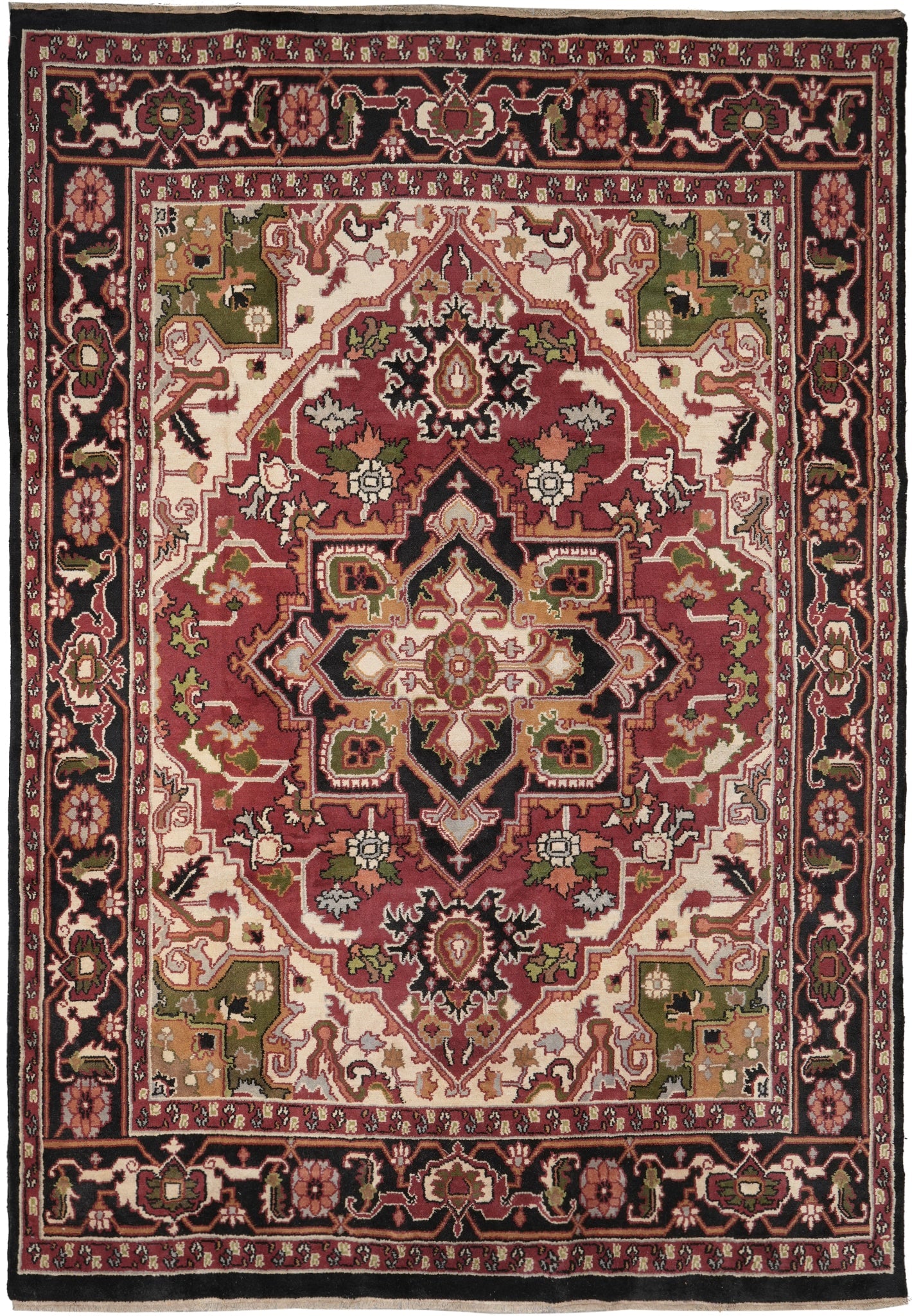 9.7 x 14 Handmade Heriz Rug Hand Knotted Wool on Cotton India: 9.7 x 14 Handmade Heriz Rug Hand Knotted Wool on Cotton India Free continental US Shipping This 9.7 x 14 Heriz-style rug is hand-knotted in India and features the bold geometric elegance associated wi