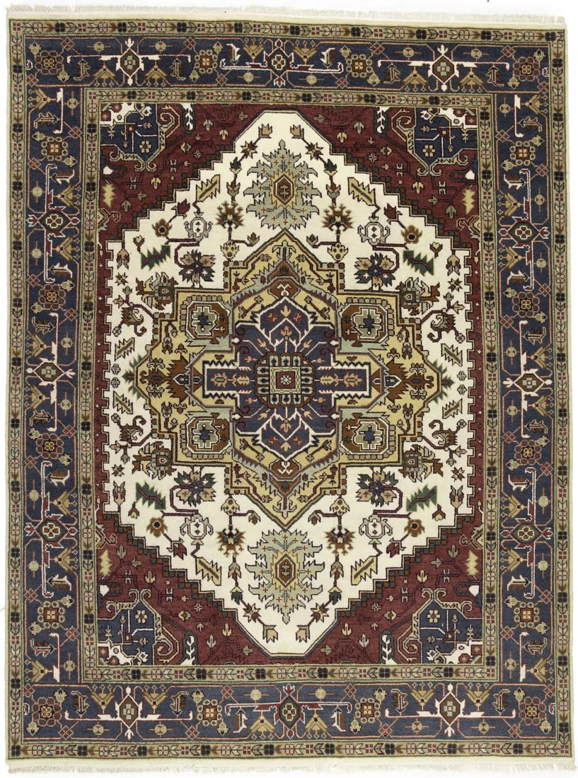 9x12 Wool Area Rug Hand-Knotted Heriz Serapi Style Geometric Pattern: 9x12 Wool Area Rug Hand-Knotted Heriz Serapi Style Geometric Pattern This handmade Heriz Serapi oriental rug features a striking tribal geometric pattern in cream, hale navy, rusty red, brown, buff, a