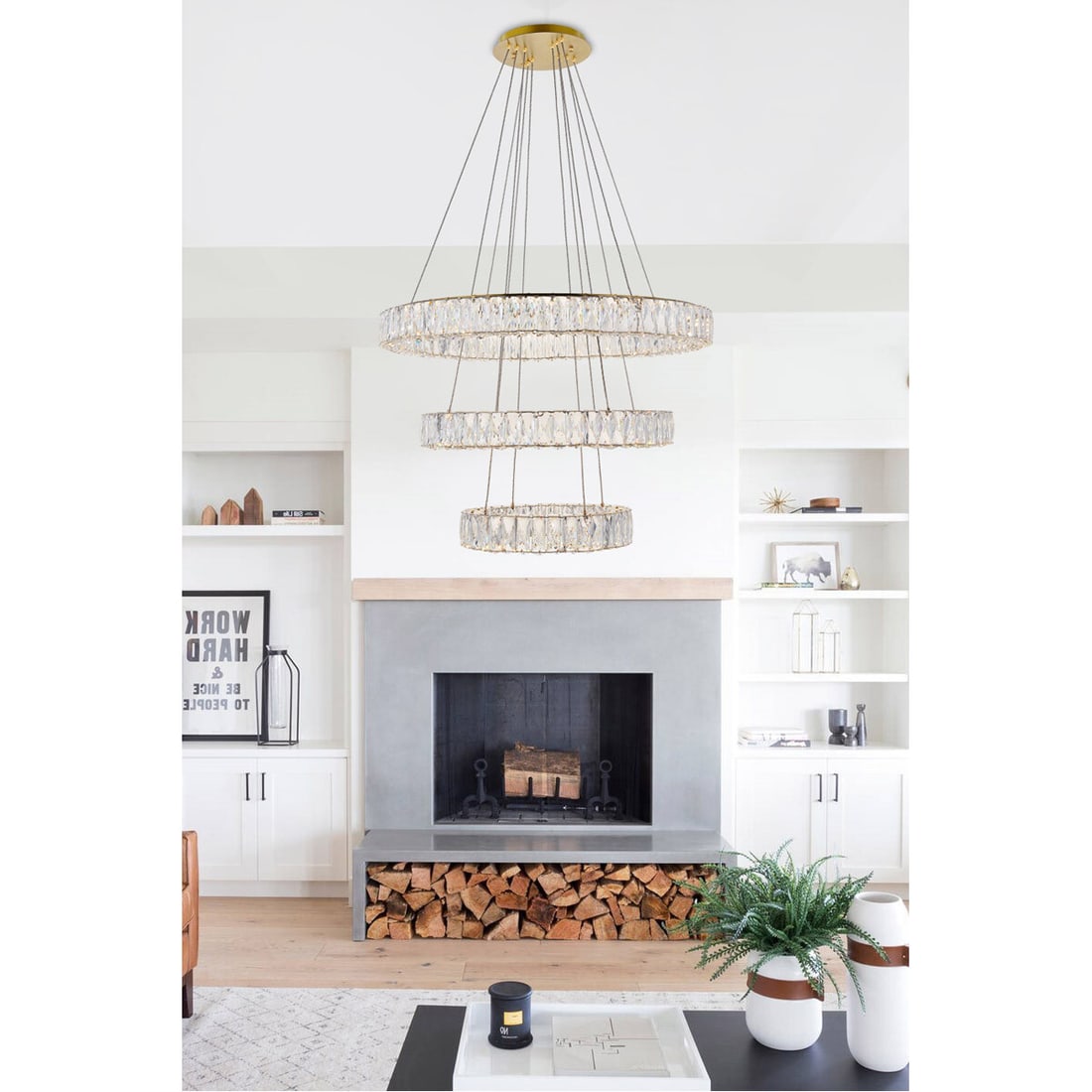 Gold Finish Monroe LED Crystal Chandelier 31.5 Inch Round: Gold Finish Monroe LED Crystal Chandelier 31.5 Inch Round This modern halo ring chandelier features a minimal stainless steel frame in a smooth gold finish, adorned with rectangular and square royal-c