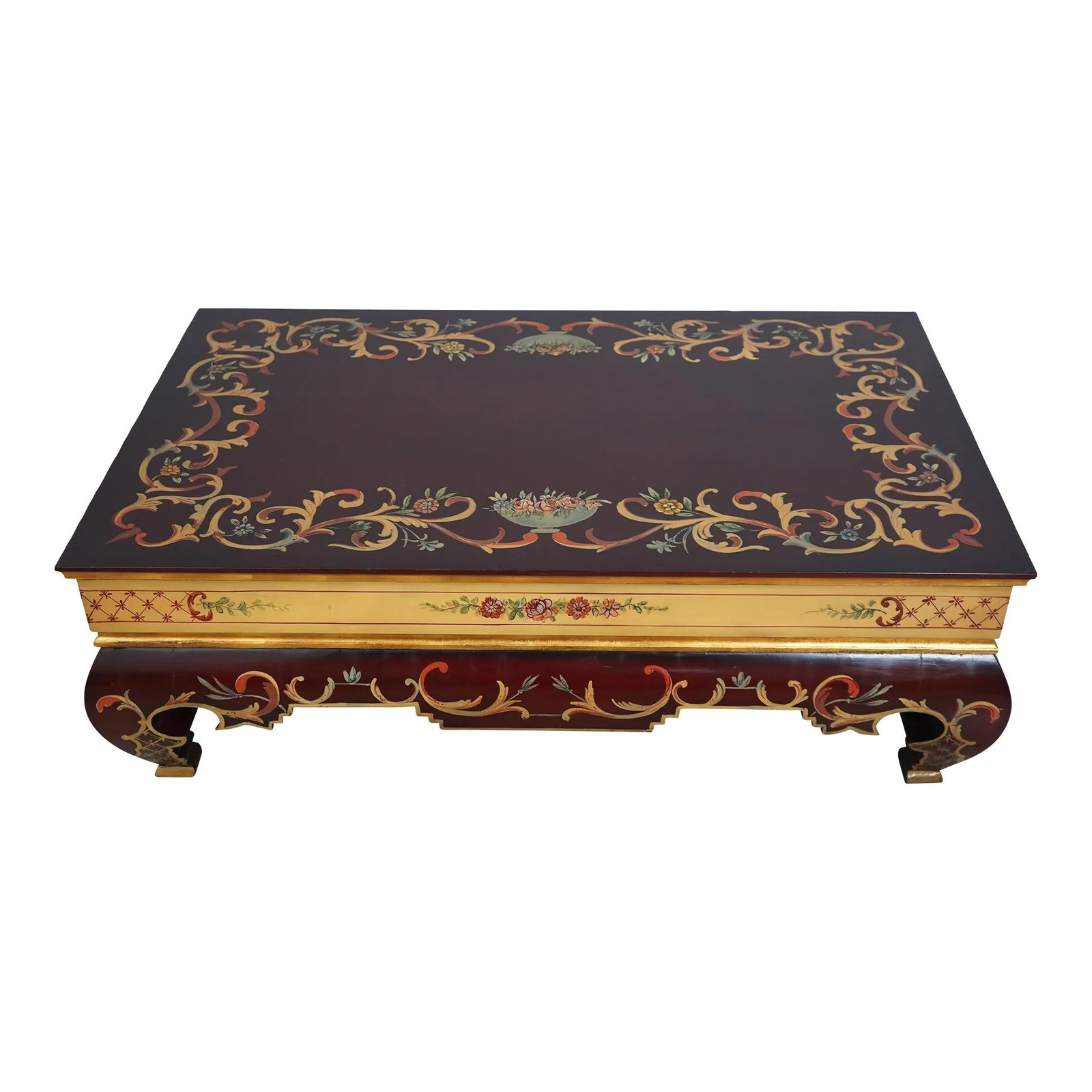 Elegant Neoclassical Coffee Table with Gold Leaf Trim 53 x 32 x 18: Elegant Neoclassical Coffee Table with Gold Leaf Trim 53 x 32 x 18 This stunning coffee table showcases a neoclassical design with high-quality construction and genuine gold leaf trimwork along the ed