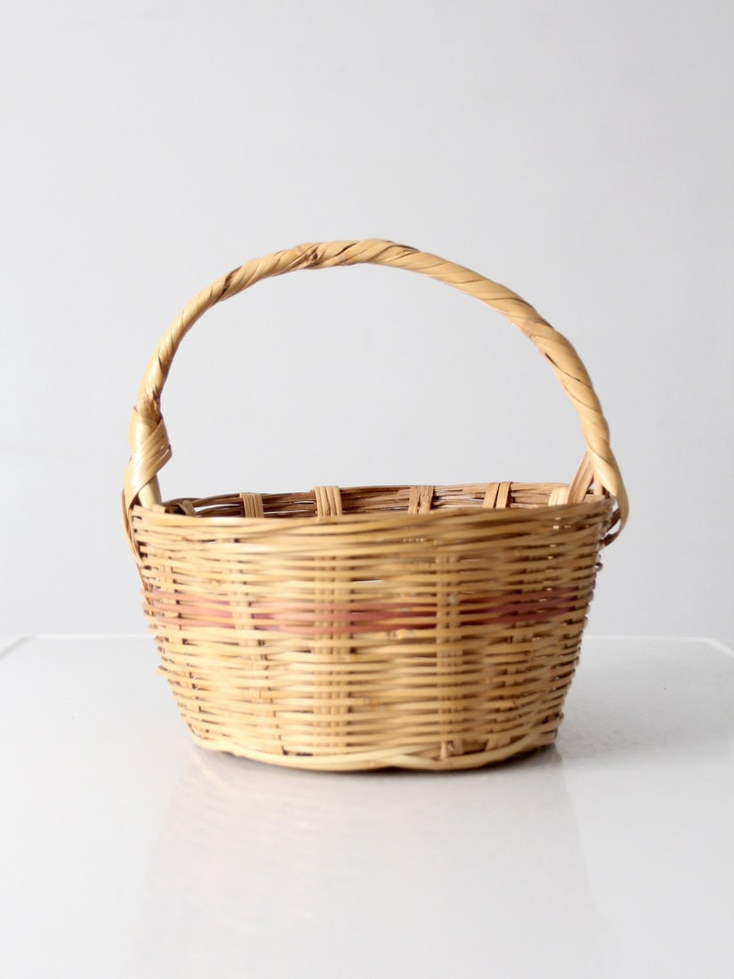 Round Cane Gathering Basket with Wrapped Handle Pink Band (1 of 12)