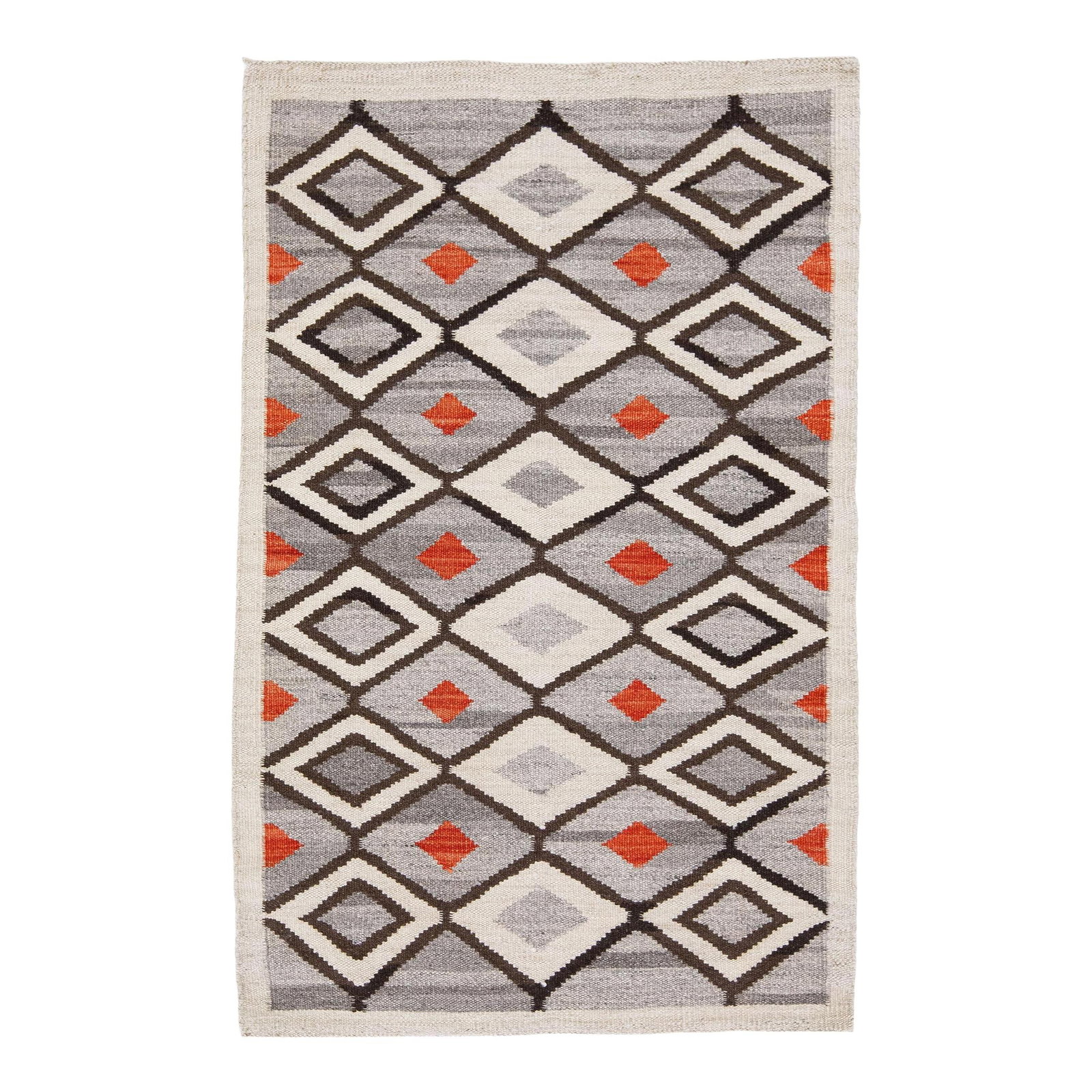 Contemporary Gray Navajo Style Wool Rug 3'2 x 5 Geometric Design: Contemporary Gray Navajo Style Wool Rug 3'2 x 5 Geometric Design Discover the beauty of this contemporary handmade flat-weave Navajo-style wool rug, featuring a stunning gray field complemented by bei