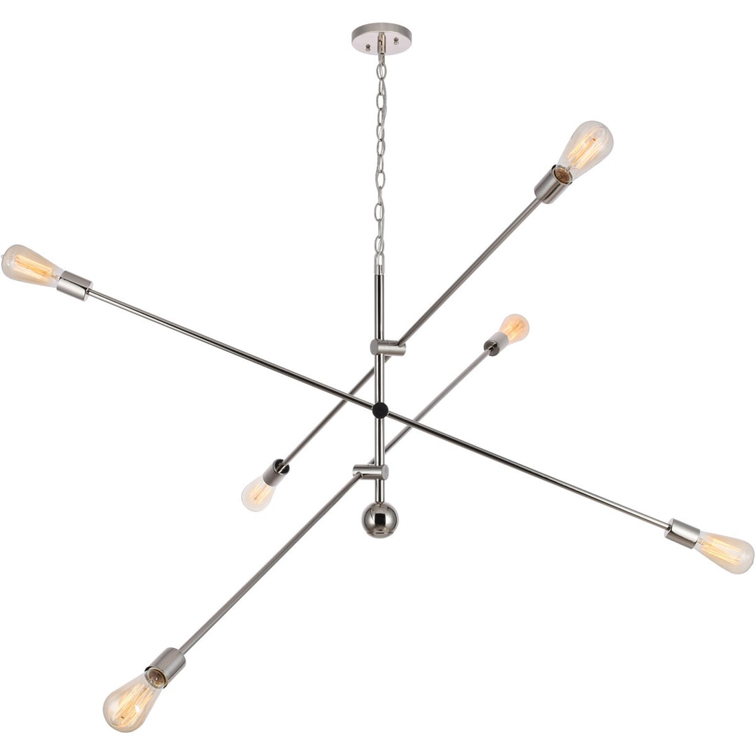 Axel 55 in 6 Light Polished Nickel Crystal Pendant: Axel 55 in 6 Light Polished Nickel Crystal Pendant Modern 6-light chandelier in a polished nickel finish, designed for indoor use in dining rooms, living rooms, kitchens, foyers, and other listed spac