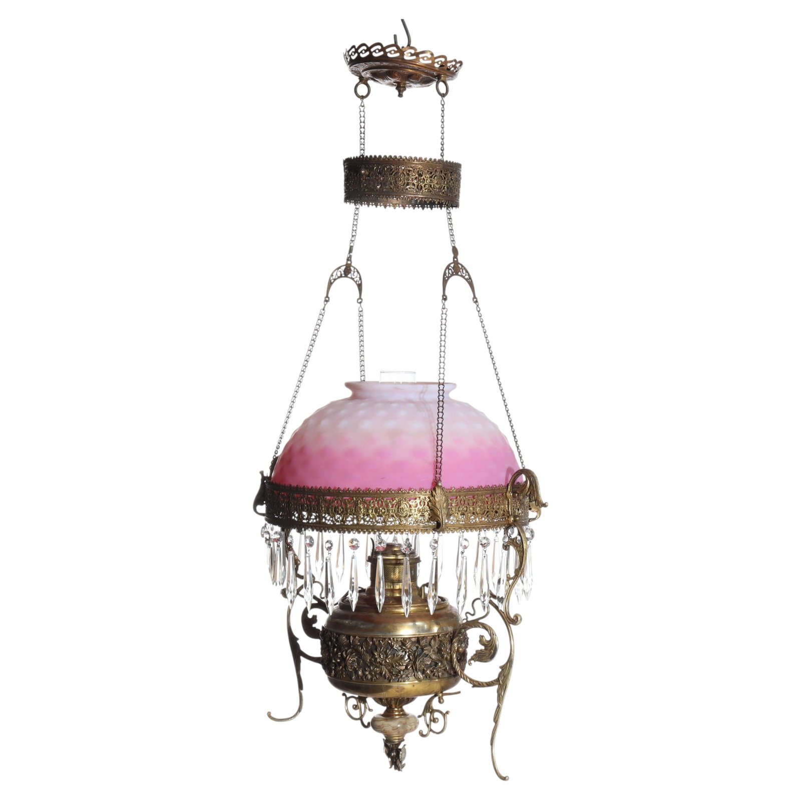 Late 19th Century Hanging Chandelier With Peachblow Hobnail Shade and Crystal Prisms (1 of 17)
