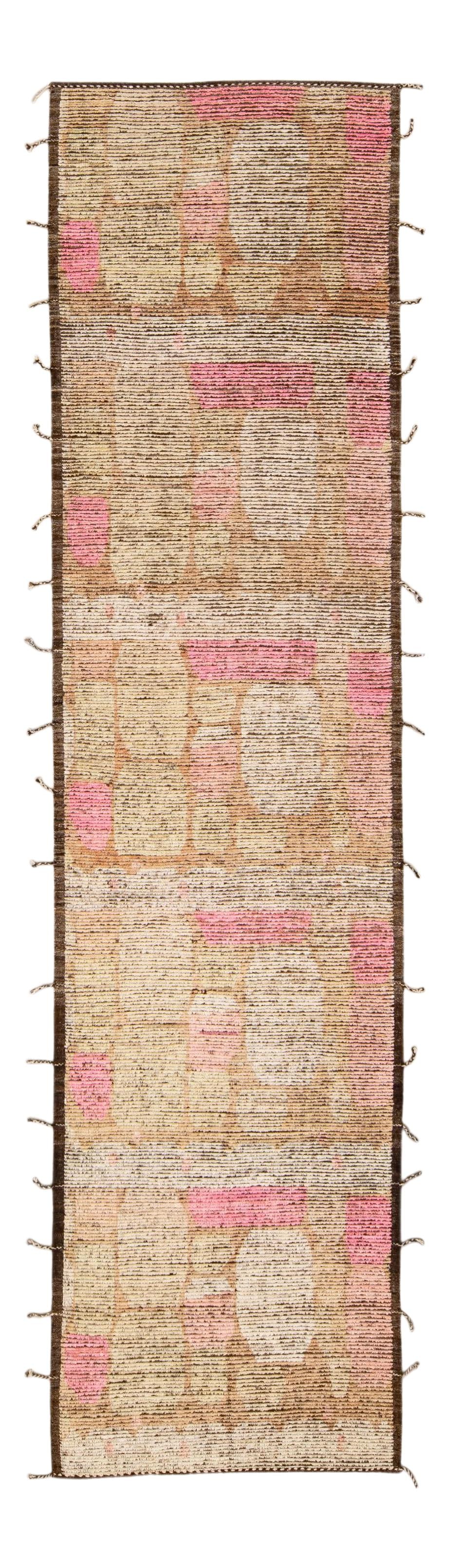 Handmade Moroccan Style Brown Wool Runner 3'11 x 15'10 Abstract Design: Handmade Moroccan Style Brown Wool Runner 3'11 x 15'10 Abstract Design Enhance your space with this stunning handmade Moroccan style wool runner. Featuring a rich brown field complemented by pink and 