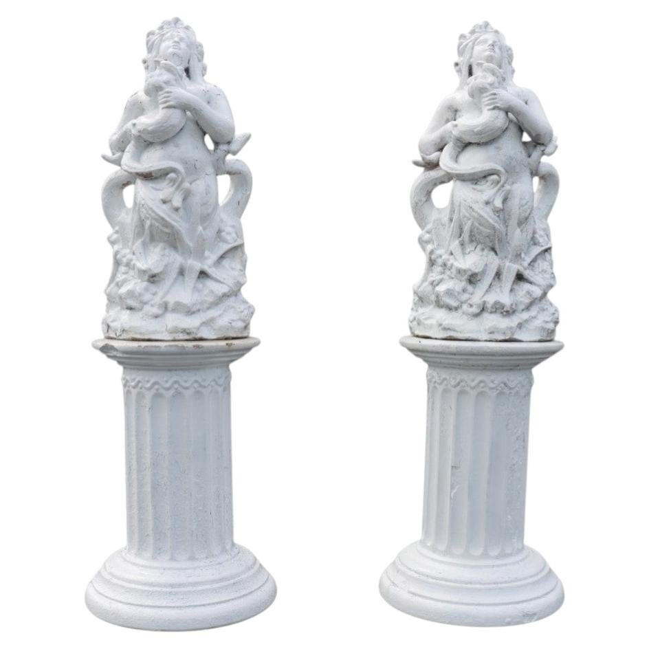 Set of 2 Terracotta Figural Sculptures on Pedestal Stands c1890 (1 of 6)