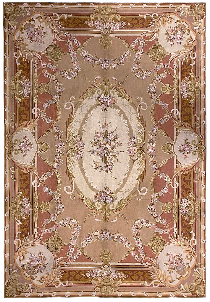 Handmade 9.3 x 13.4 Needlepoint Area Rug in Beige Brown Gold Green (1 of 12)