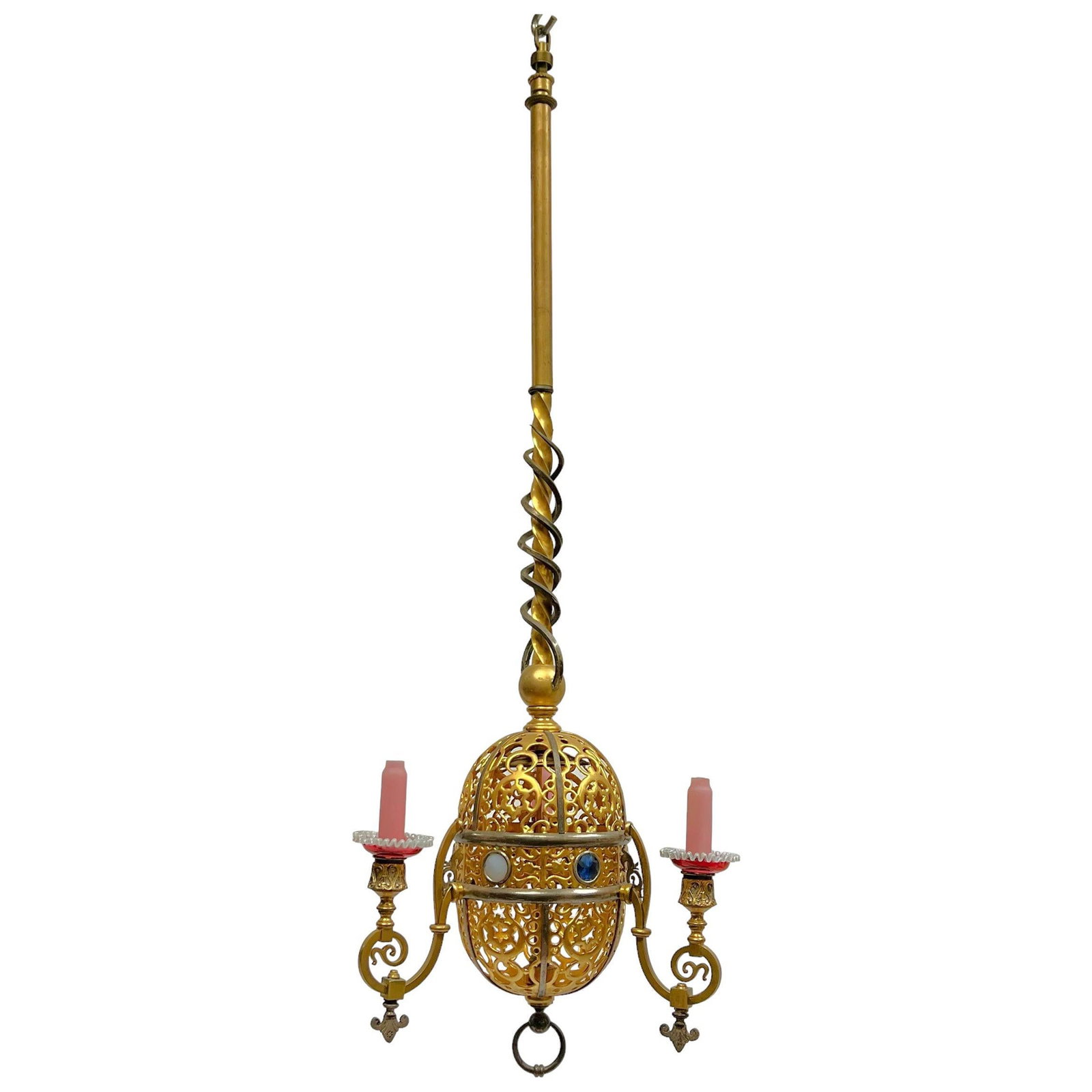 Late 19th Century Turkish Gilt Metal Gas Chandelier With Glass Jewels: Late 19th Century Turkish Gilt Metal Gas Chandelier With Glass Jewels This Turkish style chandelier from the late 19th century features a gilt metal and steel frame adorned with inlaid glass jewels. I