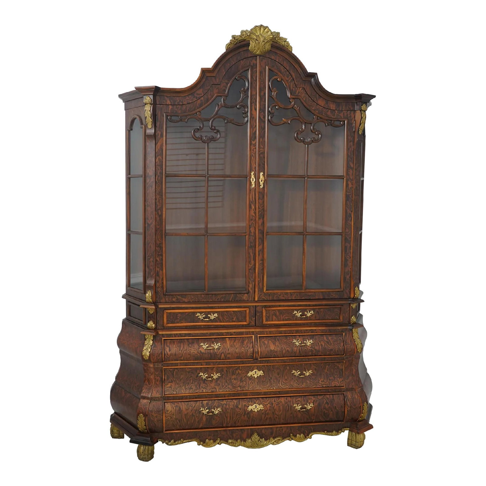Stylish Dutch Faux Burl Walnut China Cabinet with Brass Hardware: Stylish Dutch Faux Burl Walnut China Cabinet with Brass Hardware This impressive Dutch Style Painted Faux Burl Walnut China Cabinet is a stunning addition to any home. Crafted approximately 30 years a