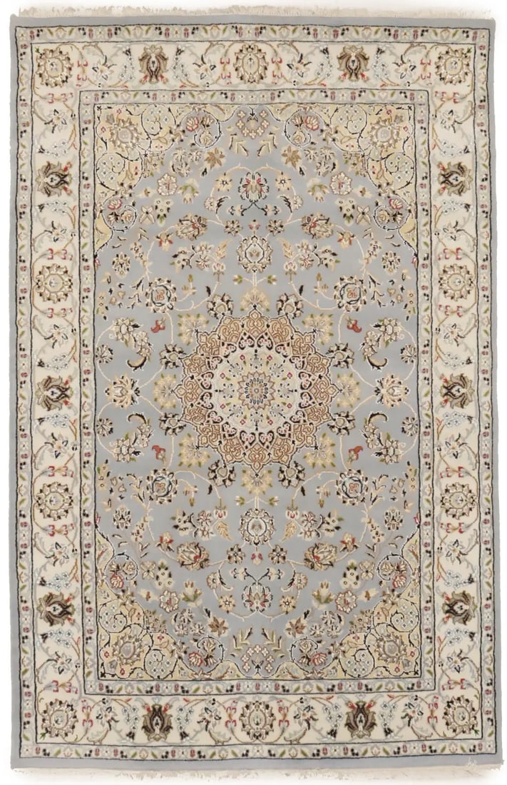 Handmade Indo-Nain Floral Area Rug 3'11 x 6'1 Wool Silk Traditional: Handmade Indo-Nain Floral Area Rug 3'11 x 6'1 Wool Silk Traditional This exquisite Handmade Extra Fine Indo-Nain Oriental Rug features a classic floral design that adds elegance to any space. Measurin