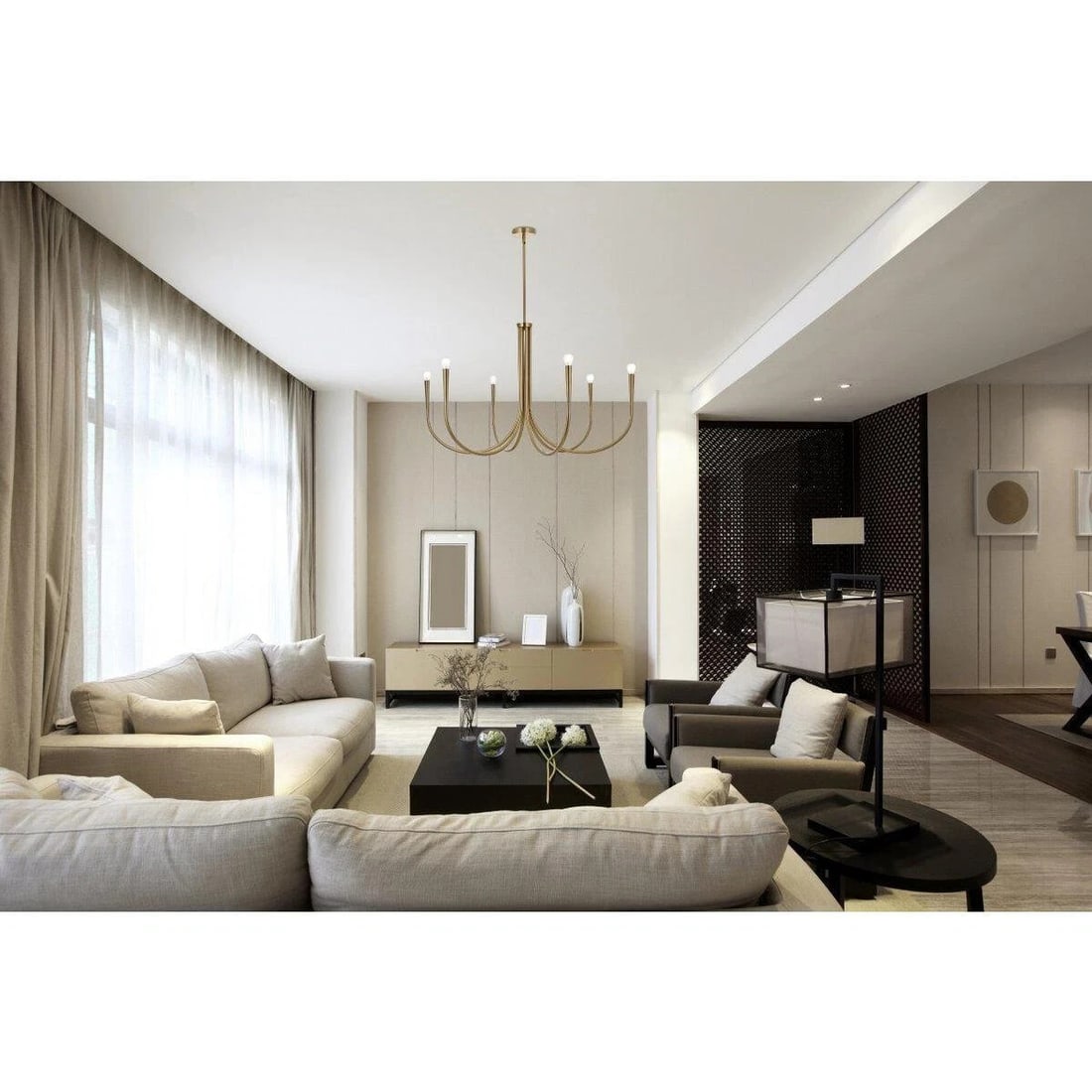 Living District Layne 42 in 6-Light Gold Satin Chandelier: Living District Layne 42 in 6-Light Gold Satin Chandelier Modern farmhouse-style 6-light chandelier ceiling fixture in goldish/satin gold finish. It is hardwired, dimmable, and designed for indoor use