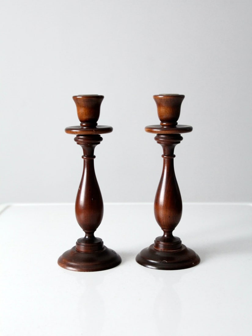 Pair of Vintage Baluster Turned Wooden Candle Holders with Stepped Bases (1 of 9)