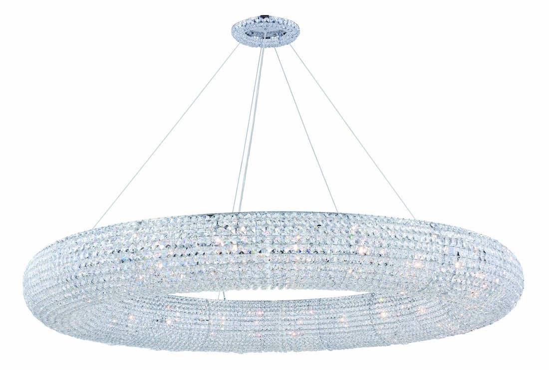PARIS 24 Light Crystal Chandelier Chrome 59in Round: PARIS 24 Light Crystal Chandelier Chrome 59in Round Modern crystal chandelier with a chrome plated finish and clear royal cut crystal details. It features 24 lights, hardwired installation, wall switc