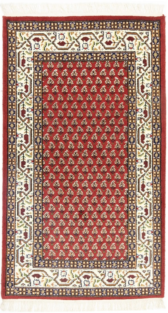 Hand-Knotted Wool Area Rug with Indo Botemir Floral Tribal Pattern 3'0 x 5'3: Hand-Knotted Wool Area Rug with Indo Botemir Floral Tribal Pattern 3'0 x 5'3 This hand-knotted wool area rug from India features a Botemir floral tribal design, blending red, cream, brown, rusty pink,