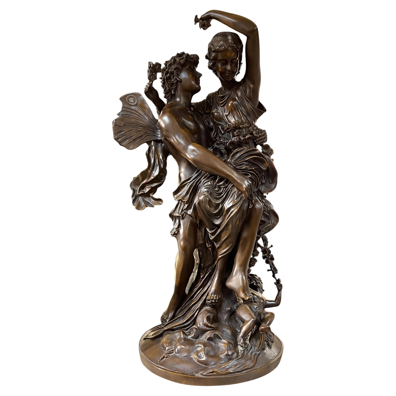 Patinated Bronze Cupid and Psyche Figure after Mathurin Moreau 30 in: Patinated Bronze Cupid and Psyche Figure after Mathurin Moreau 30 in Large antique bronze sculpture depicting Cupid and Psyche, after the original 19th-century model by Mathurin Moreau. This finely ca