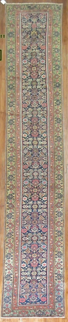 2' 11" x 18' 1" Persian Fereghan rug runner in navy: 2' 11" x 18' 1" Persian Fereghan rug runner in navy Early 20th century Persian Ferehan runner in a navy colorway. This pre-owned rug is identified as a Fereghan type and runner category. Specification