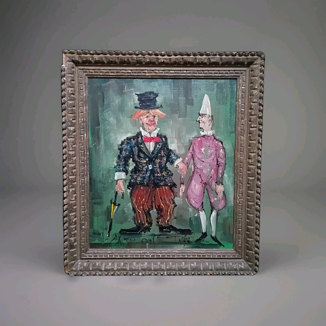 Framed Clown Oil Painting by Gaston Tyko Paris Modernist: Framed Clown Oil Painting by Gaston Tyko Paris Modernist Vintage mid-century modern oil painting depicting a couple of clowns by Paris artist Gaston Tyko. This original one-of-a-kind work is signed an