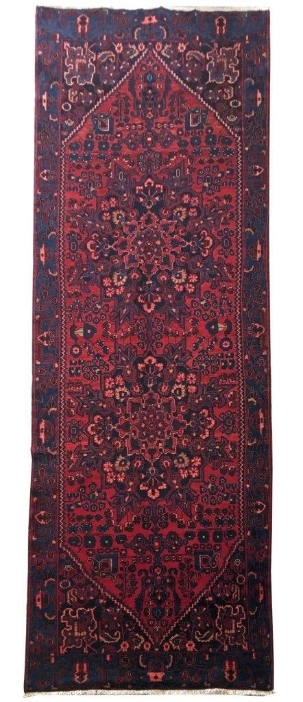 Handcrafted 4'11" x 13'7" Red Persian Hamadan Runner Rug: Handcrafted 4'11" x 13'7" Red Persian Hamadan Runner Rug Free continental US Shipping Enhance your space with this stunning Red Persian Hamadan Runner Rug, handcrafted by skilled Persian artisans. Fea