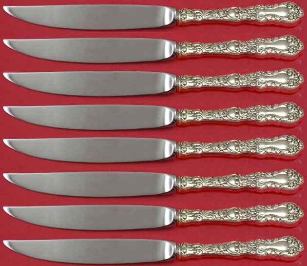 Gorham Imperial Chrysanthemum 8pc Sterling Silver Steak Knife Set: Gorham Imperial Chrysanthemum 8pc Sterling Silver Steak Knife Set Enhance your dining experience with this exquisite set of Imperial Chrysanthemum steak knives by Gorham. Crafted from sterling silver,