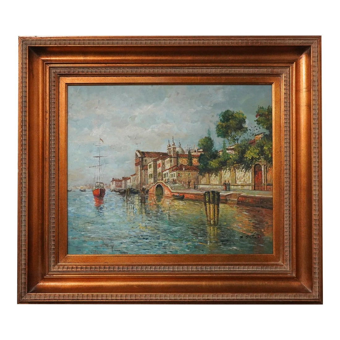 Framed Coastal Oil on Canvas Signed by Z. Sita 34.5w x 30.5h: Framed Coastal Oil on Canvas Signed by Z. Sita 34.5w x 30.5h Artist-signed European coastal oil painting on canvas with vibrant color and detailed execution. The piece is presented in a gold finish wo