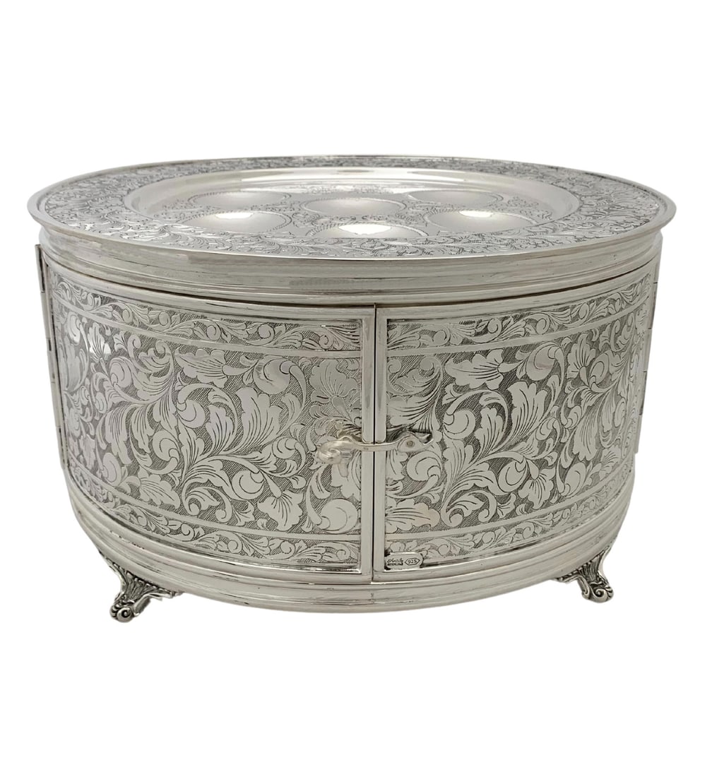Handmade 925 Sterling Silver Chased Seder Plate with Shelves: Handmade 925 Sterling Silver Chased Seder Plate with Shelves This exquisite Passover Seder Plate is crafted from fine 925 sterling silver and features a stunning handmade chased swirl striated design.